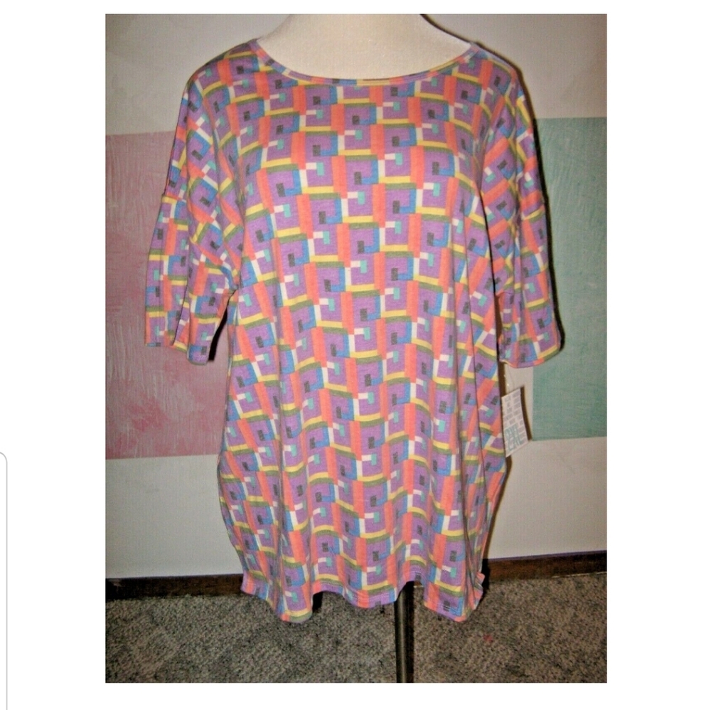 LULAROE Purple Orange Green Geometric Dusty Short Sleeve Irma 2XL NEW WITH TAGS